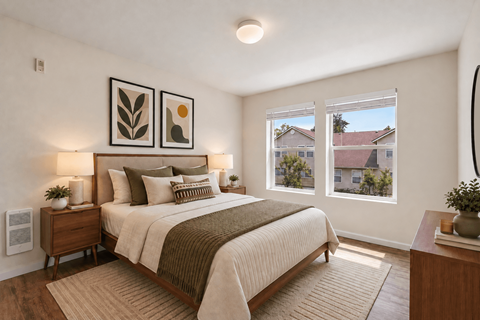 A bedroom with a large bed and a view of the outside.