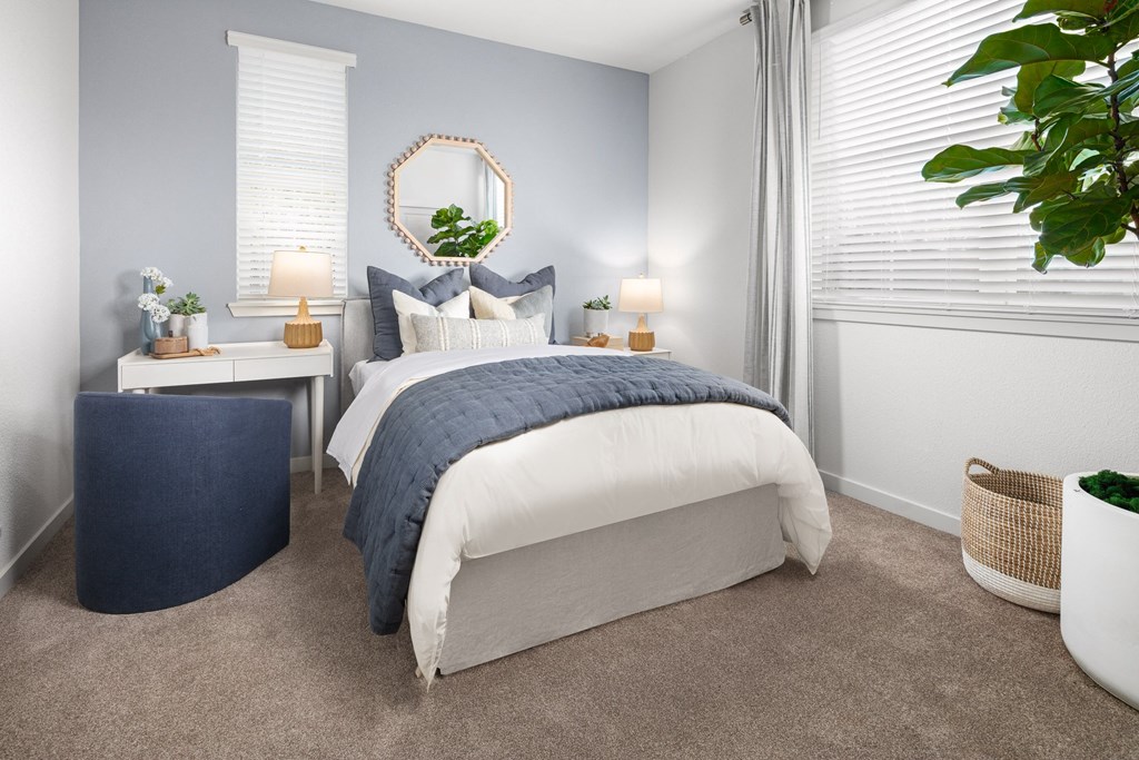 a bedroom with a bed and two windows with white blinds