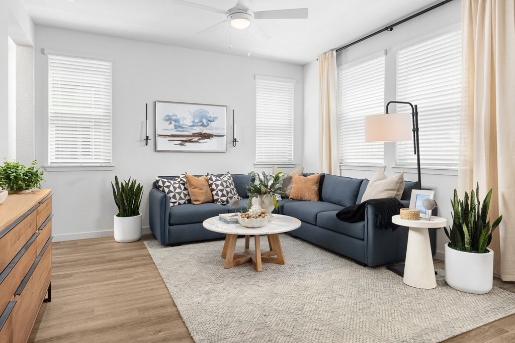 a living room with a blue couch and a white coffee table with a plant on it