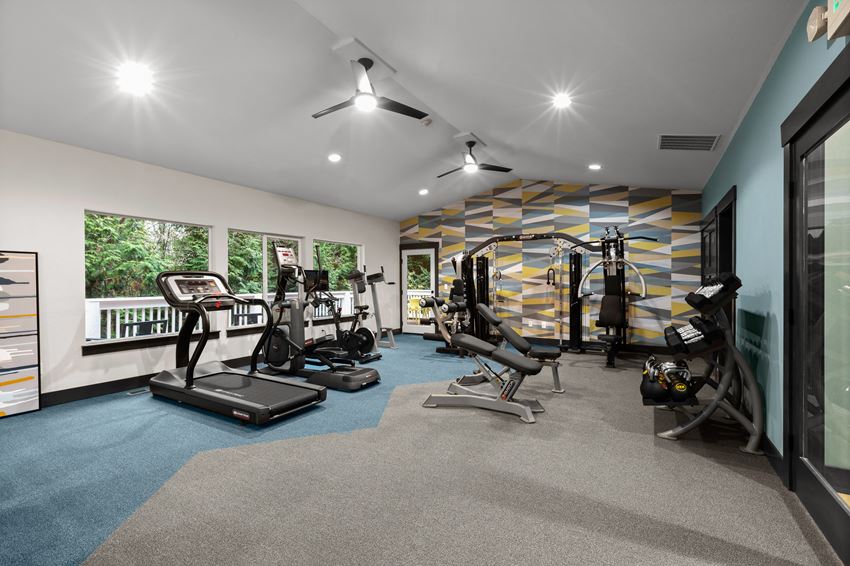 Two Bedroom Apartments in Olympia WA - Yauger Park Villas- Fully Equipped Gym with Cardio Equipment, Free Weights, High Ceilings, Large Windows, Two-Toned Carpet, and Abstract Accent Wall