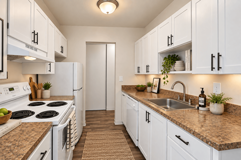 A kitchen with white cabinets and a granite countertop.