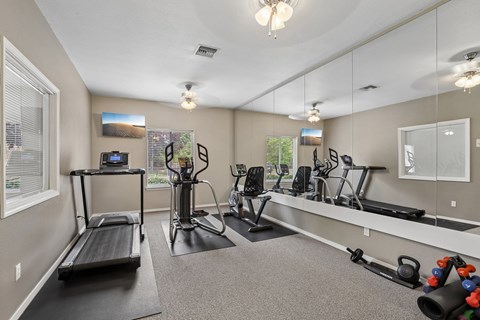 A well-equipped home gym with a treadmill, exercise bike, and other fitness equipment.