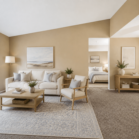 A living room with a white couch, a wooden coffee table, and a large painting on the wall.