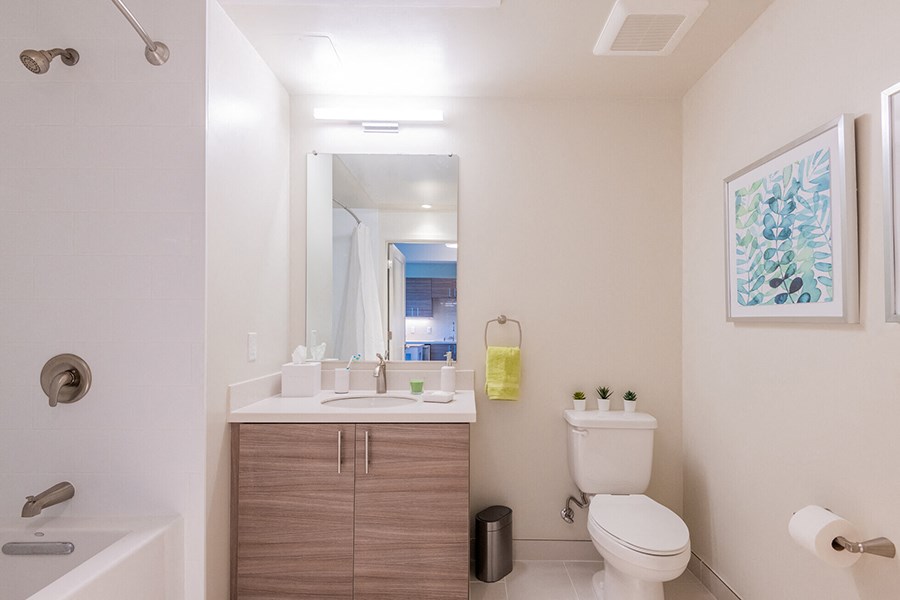 Full size bathroom with tub and vanity