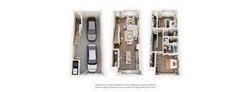 Three floor plans of a house with a car parked in the garage.