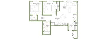 A floor plan of a house with two bedrooms, a living room, a kitchen, a bathroom, and an entry level.