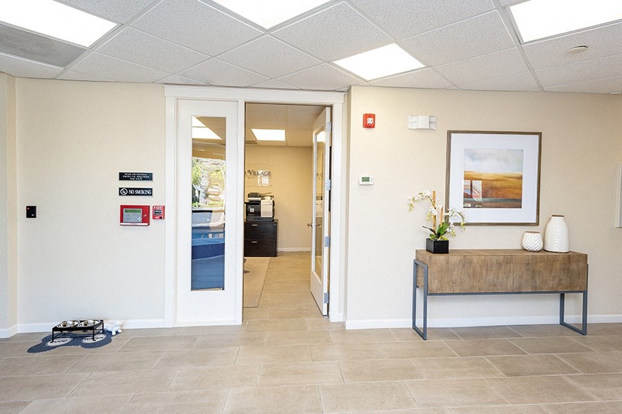 Leasing office with an open door and a table with a plant on it
