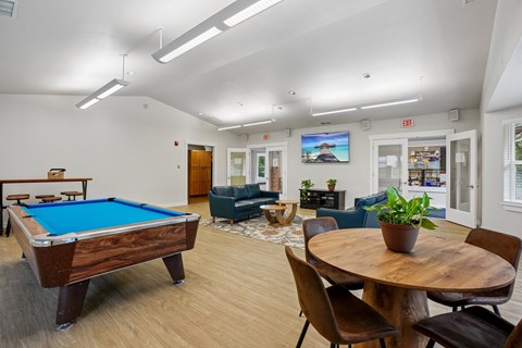 A room with a pool table and a couch.