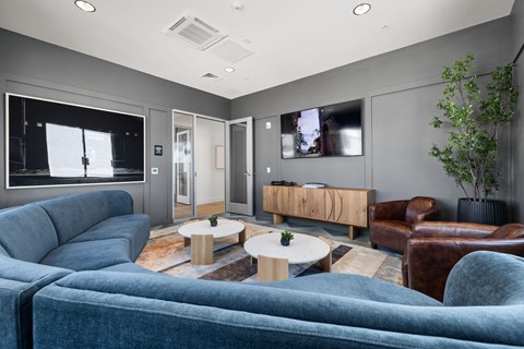 A modern living room with a grey couch and a wooden coffee table.