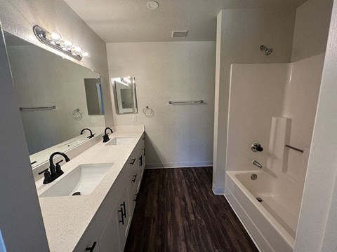 a bathroom with a sink and a tub and a mirror