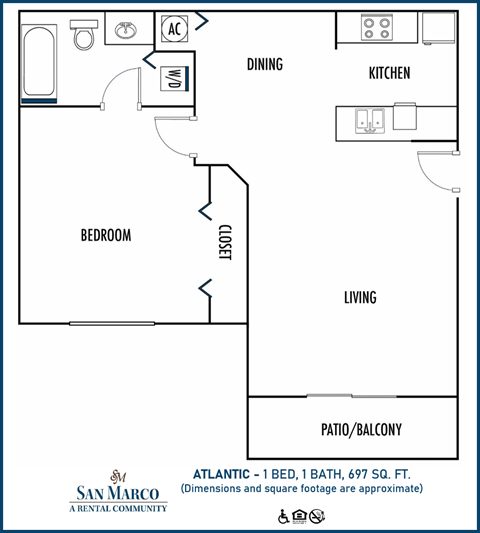1 bedroom 1 bath floor plan at San Marco Apartments, Ormond Beach, FL, 32174