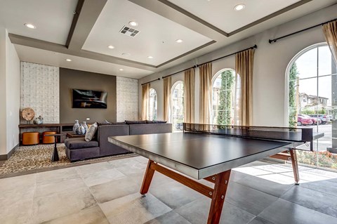 a ping pong table in the middle of a living room