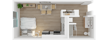 a bedroom with a bed and a chair in a room