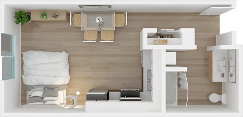 a bedroom with a bed and a chair in a room