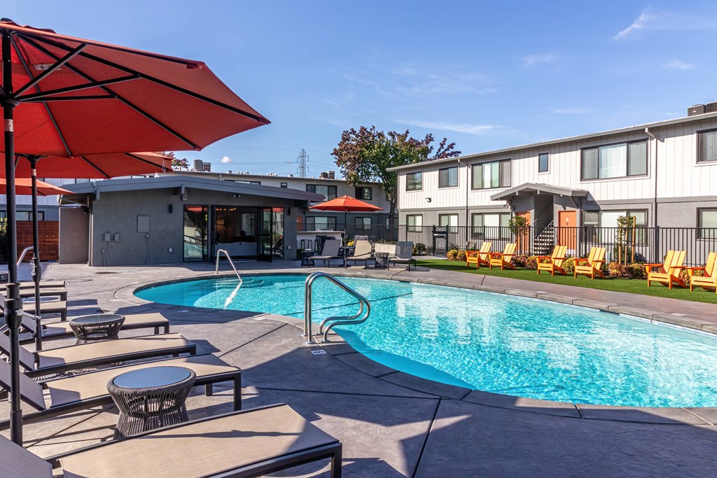 our apartments have a large pool and lounge chairs