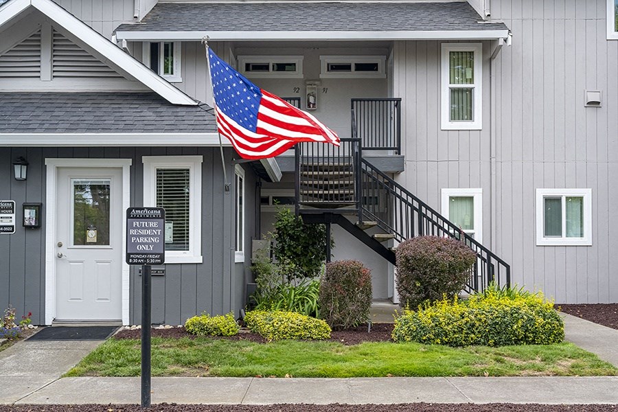 Americana leasing office entrance and future resident parking