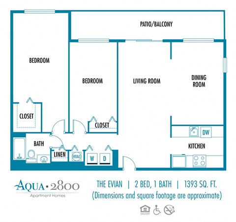 Two bedroom one bath floor plan  Aqua 2800 Apartments 