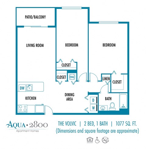 Two bedroom one bath floor plan  Aqua 2800 Apartments