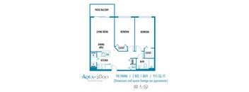 Two bedroom one bath floor plan  Aqua 2800 Apartments 