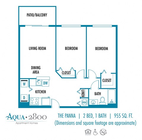 Two bedroom one bath floor plan  Aqua 2800 Apartments 