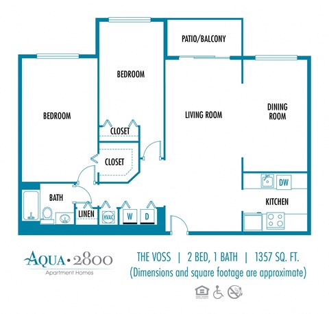 Two bedroom one bath floor plan  Aqua 2800 Apartments 