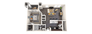 A 3D rendered image of a small apartment layout.