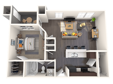 A 3D rendered image of a small apartment layout.