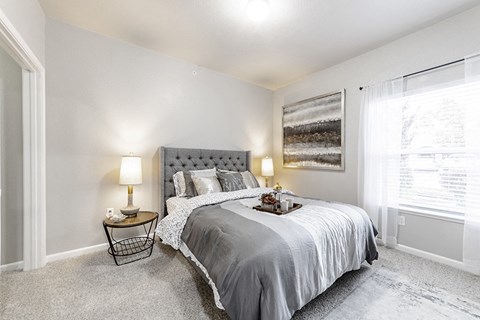 a bedroom with a bed and a window