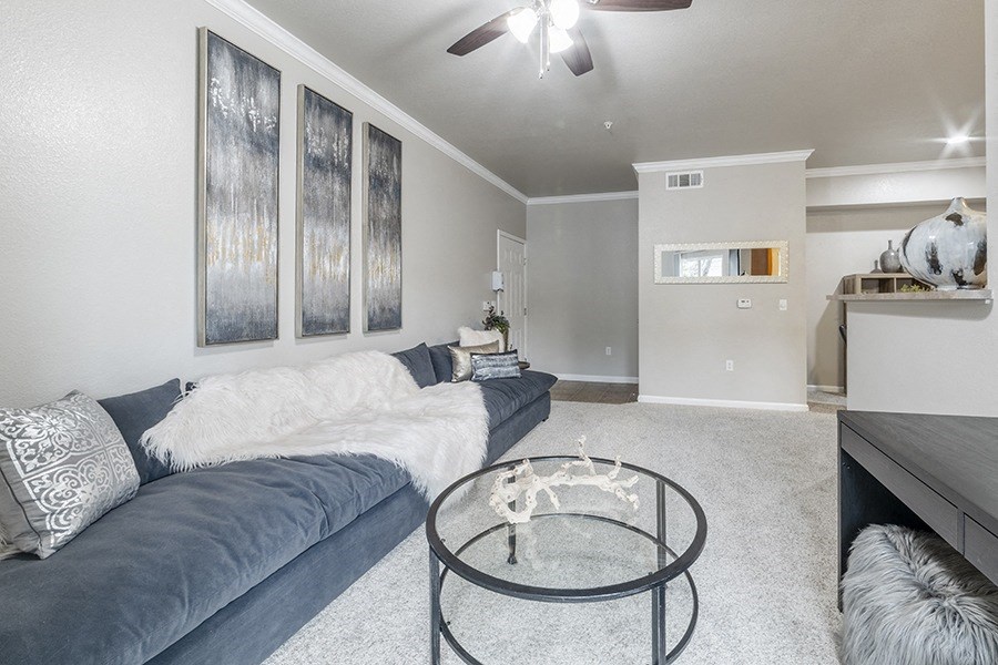 a living room with a couch and a coffee table
