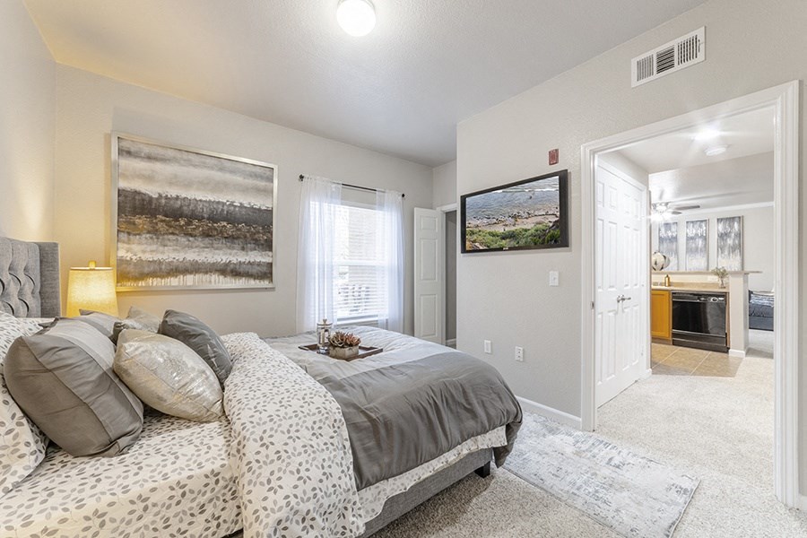 a bedroom with a couch and a bed and a bathroom