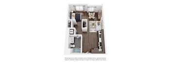 A floor plan of a small apartment with a kitchen, living room, and bathroom.