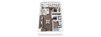 A floor plan of a small apartment with a kitchen, living room, and bathroom.