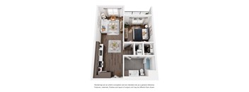 A floor plan of a small apartment with a kitchen, living room, and bedroom.
