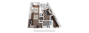 A white and wood floor plan of a small apartment with a kitchen, living room, and bathroom.