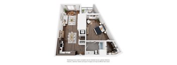 A floor plan of a house with a kitchen, living room, dining room, and bathroom.