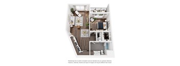 A floor plan of a small apartment with a kitchen, living room, and bathroom.