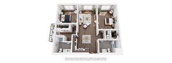 A top-down view of a modern apartment layout with a kitchen, living room, and bedrooms.