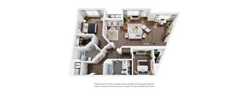 A top-down view of a modern, open-plan apartment with a kitchen, living room, and bedroom.
