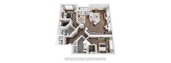 A floor plan of a house with a kitchen, living room, and two bedrooms.
