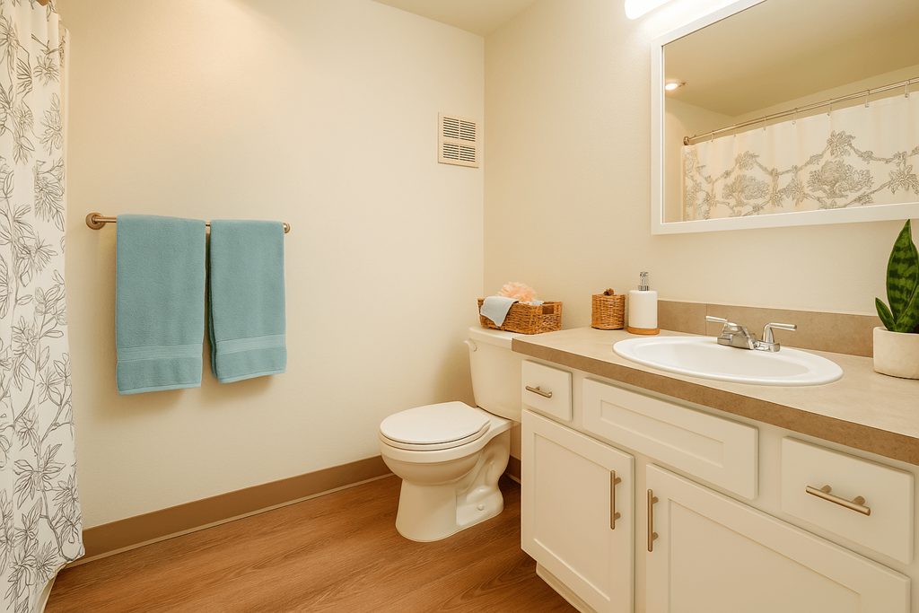 A bathroom with a toilet, sink, and towel rack at THE VILLAGE Apartments, Oregon
