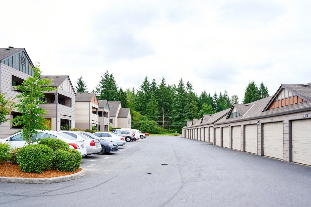 Parking area and garages at Devonwood and First Place Apartments, Battle Ground, 98604