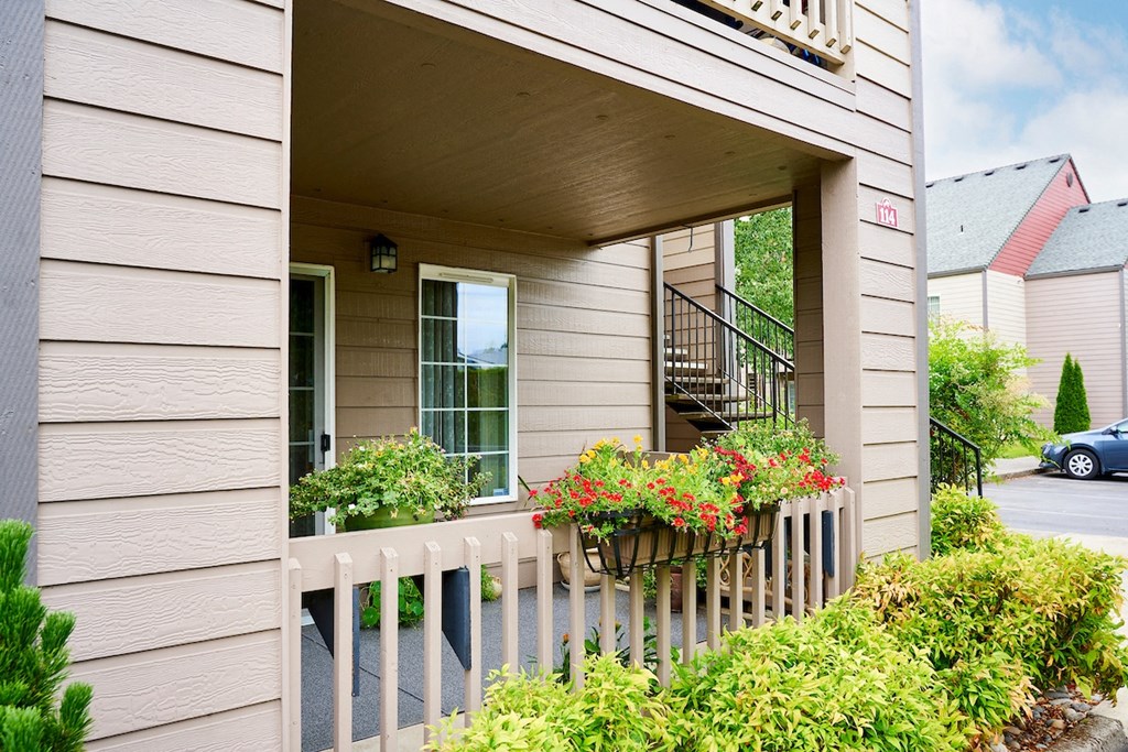 Private Patio with a Mini Garden Plot at Devonwood and First Place Apartments, Battle Ground Washington