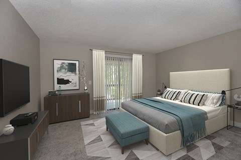 The Mews at Dixon Farms 3D furnished bedroom with large windows