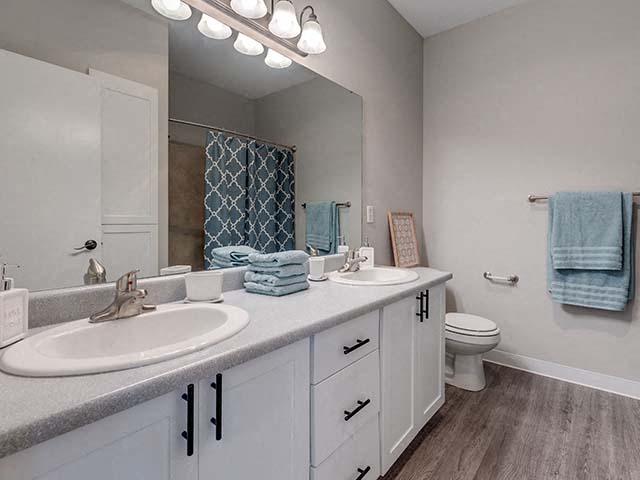 Fife Apartments-Bella Sonoma Apartments Bathroom With Double Sink Vanity And Wood-Style Flooring And Deep Set Tub