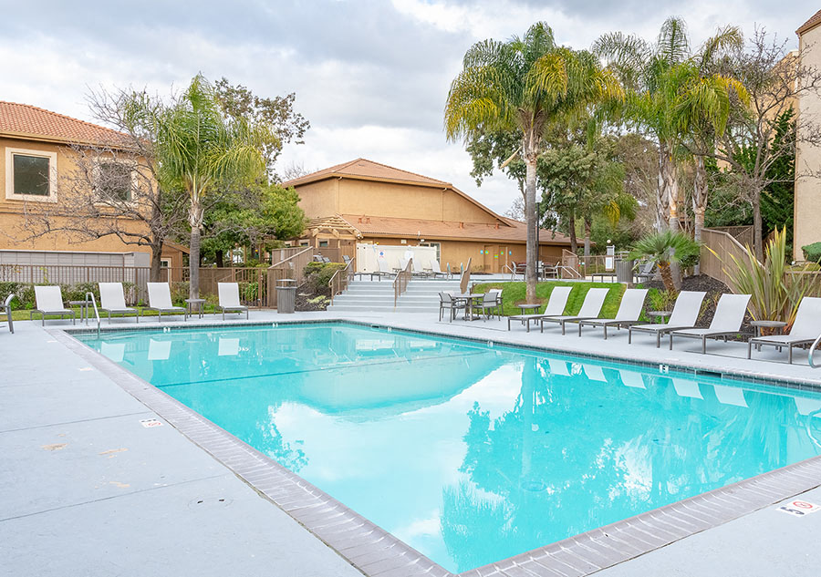 Richmond Apartments - Bella Vista at Hilltop - Resort-Style Pool with Lounge Chairs