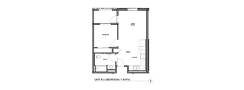 A drawing of a floor plan for a unit with a bedroom, bathroom, and kitchen.