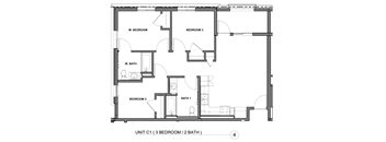 A drawing of a floor plan for a unit with 3 bedrooms and 2 bathrooms.