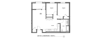 A black and white drawing of a floor plan for a unit with one bedroom and one bathroom.