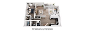 A floor plan of a two-bedroom apartment with a living room, kitchen, and bathroom.