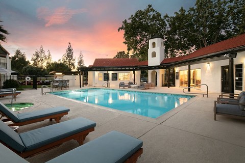 Big Sparkling Pool Surrounded by Comfortable Cushioned Lounge Chairs  at Laurel Creek, Fairfield, 94533